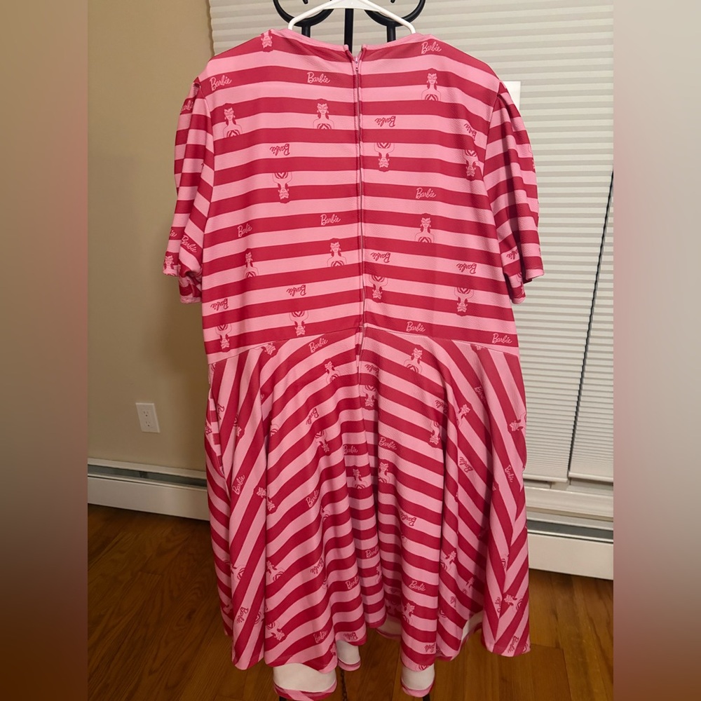 BARBIE X Unique VINTAGE Collab Pink Striped Flare Flirty Stretch Mini Dress - Picture 8 of 8